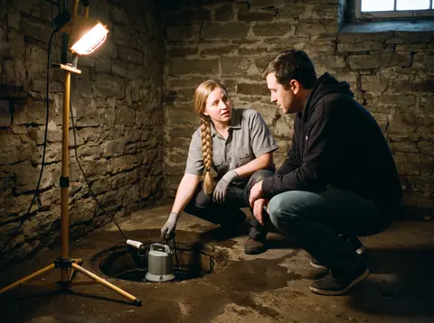 A technician crouches by a sump pit and points to the pump while the homeowner listens, stone foundation walls behind them.