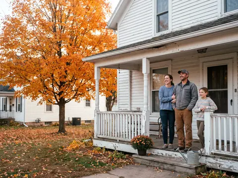 Two adults and a young girl smile on the porch of an old white house, a maple in autumn colour in the yard.